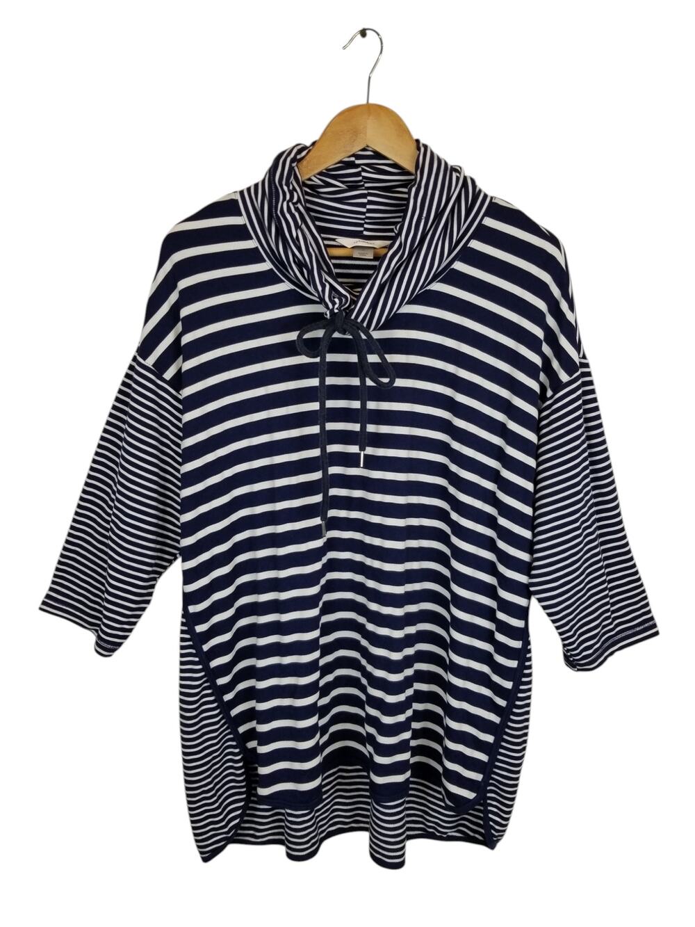 CJ Banks Cowl Neck French Terry Knit Hi Lo Tunic Top Striped Navy Blue White 1X